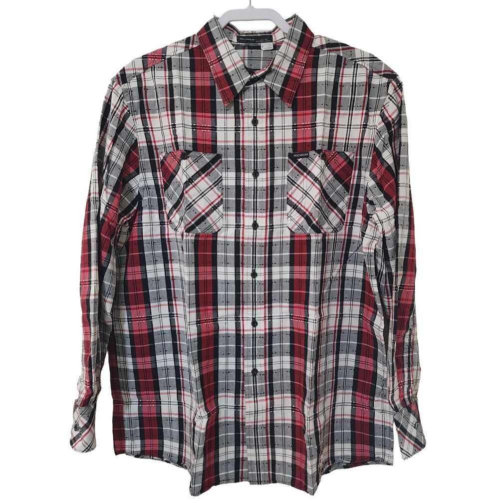 Vtg Rocawear Plaid Shirt Mens XL Red White Y2K Hip Hop Baggy Button Up